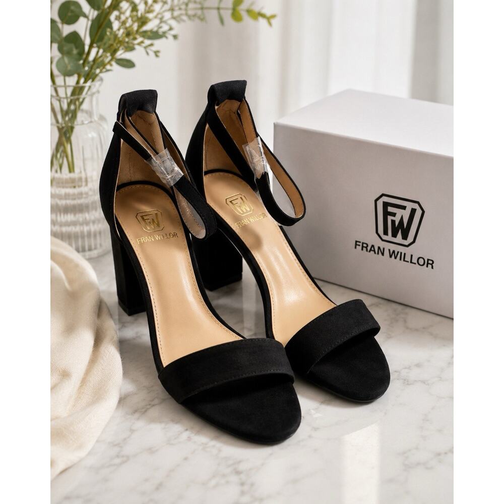 Fran Willor Womens Black Ankle Strap Block Heel Pumps Size 9 1/2 New In Box